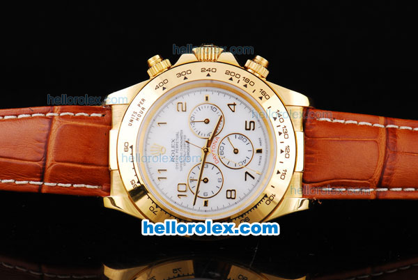 Rolex Daytona Oyster Perpetual Chronometer Automatic Gold Case with White Dail and Number Marking-Leather Strap - Click Image to Close